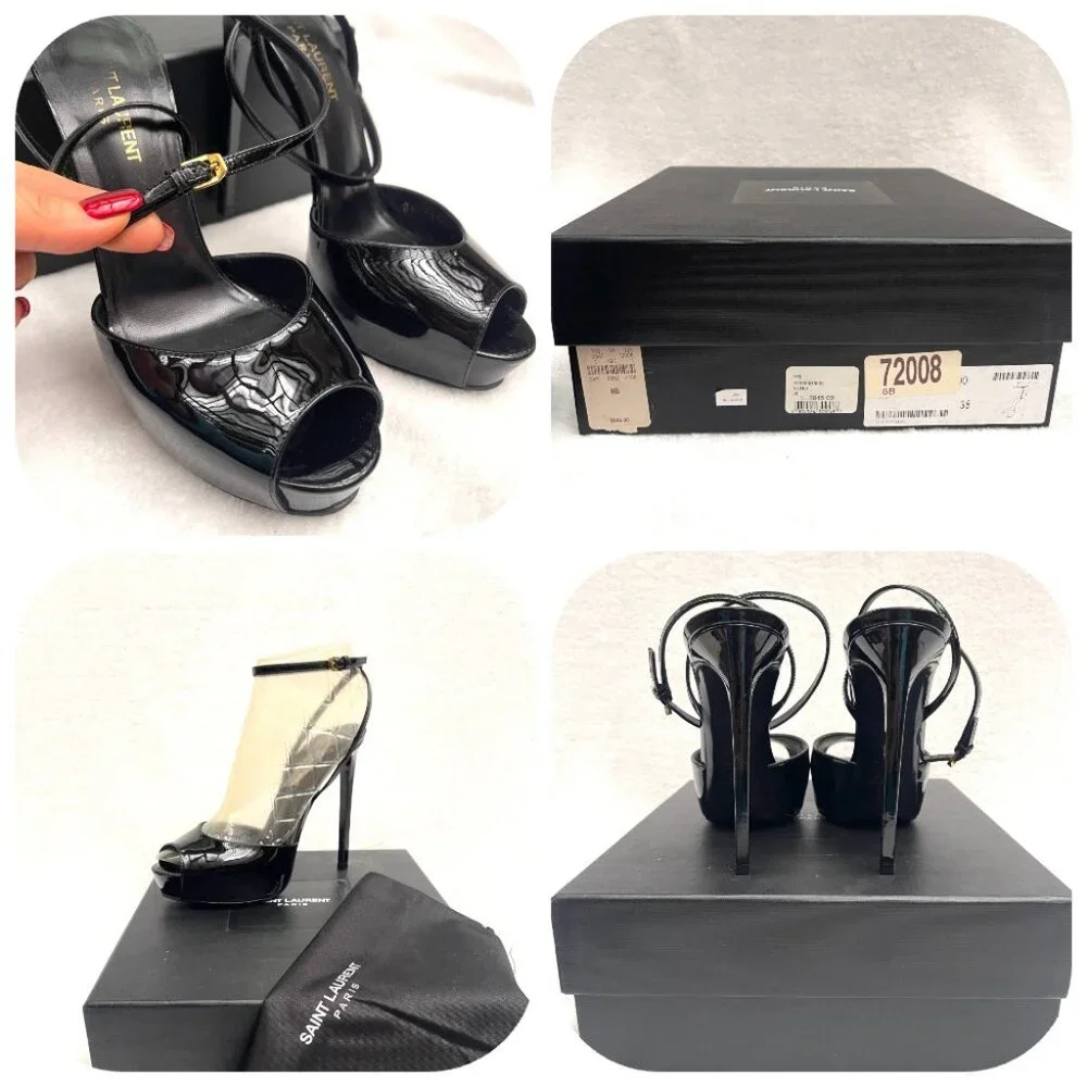 Yves Saint Laurent Kika patent leather peep toe platform ankle strap heels 8